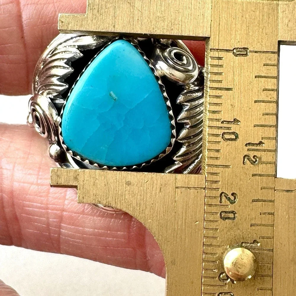 Navajo Turquoise Mens Ring Sz 14 Leaf Feather Signed Morgan Sterling Native Amer